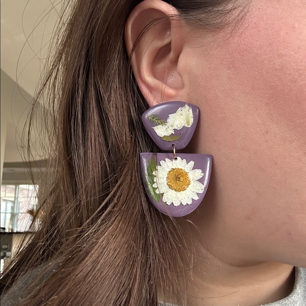 Handmade Purple Enamel Painted Flower Drop Earrings